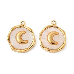 Colgantes de concha natural pavé de acero inoxidable 304, charms planas redondas, real 18k chapado en oro, luna, 15.5~16x12.5~13.5x2.5mm, agujero: 1.5 mm
