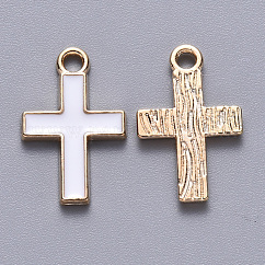 Colgantes de esmalte de aleación, cruz, la luz de oro, blanco, 16x10x1mm, agujero: 1.6 mm
