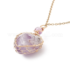 銅線で包まれた天然アメジスト ハート ペンダント ネックレス  女性用金メッキ 304 ステンレス ネックレス  17.52インチ（44.5cm）  1.5mm&nbsp;NJEW-JN03971-02