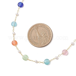 Красочные плоские круглые ожерелья из латуни с кошачьим глазом и пластиковым искусственным жемчугом ручной работы для женщин&nbsp;NJEW-JN05743