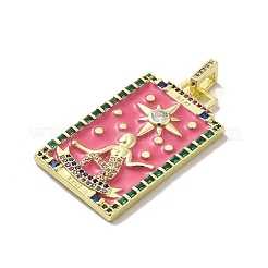エナメルを使用した真鍮マイクロパヴェキュービックジルコニアペンダント  タロット  ショッキングピンク  39x22.5x3mm  穴：5x3mm&nbsp;KK-H458-03G-02