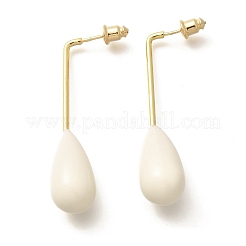 真鍮ティアドロップダングルスタッドピアス  女性用エナメル入り  ゴールドカラー  ホワイト  45x11mm&nbsp;EJEW-A121-19A-01