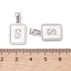 304ステンレススチールパヴェシェルペンダント  長方形のチャーム  ステンレス鋼色  文字S  17.5x12x1.5mm  穴：3x5mm&nbsp;STAS-G327-01P-S