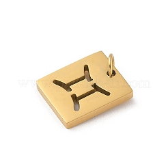 304ステンレススチールチャーム  丸カン付き  ゴールドカラー  星座チャーム付き長方形  双子座  12x10x1.5mm  穴：3mm&nbsp;LS-STAS-R001-03G-03