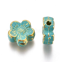 合金ビーズ  花  鉛フリー＆カドミウムフリー  黄金＆緑青  8x8x3.3mm  穴：1.4mm&nbsp;PALLOY-L222-058GGP-RS
