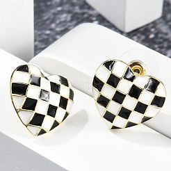 合金スタンドピアス  黒と白の市松模様  ゴールドカラー  ハート  17x16mm&nbsp;EJEW-M094-01G-01