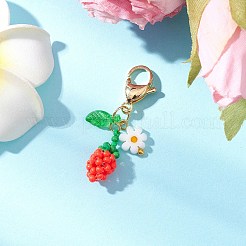 ひまわりのつぼみのアクリルガラスシードビーズペンダント装飾  合金製カニカン付き  ゴールドカラー  レッドオレンジ  40mm&nbsp;HJEW-MZ00229-02