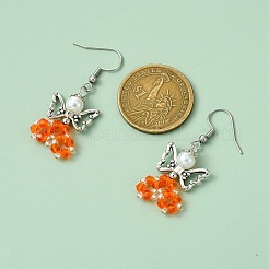 ガラスダングルピアス  合金ビーズと304ステンレススチールのピアスフック付き  天使  オレンジ  44~45x18mm&nbsp;EJEW-MZ00319-03