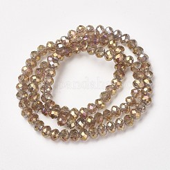 電気メッキ透明ガラスビーズ連売り  フル虹メッキ  多面カット  ロンデル  淡い茶色  2.5x2mm  穴：0.4mm  約199個/連  13.4インチ（34cm）&nbsp;EGLA-A034-T1mm-T04