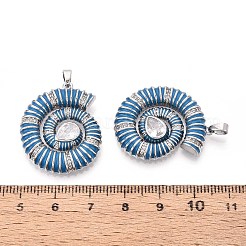 真鍮製マイクロパヴェクリアキュービックジルコニアエナメルペンダント  巻き貝の形  18KGP本金メッキ  スチールブルー  30x24x4mm  穴：5x2mm&nbsp;KK-T071-28P-01