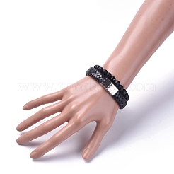 ユニセックスストレッチブレスレット＆レザーコードブレスレットセット  積み重ね可能なブレスレット  天然黒瑪瑙（染め）ビーズ  304ステンレススチール製マグネット留め具と厚紙箱  2-1/8インチ（5.5cm）  8-1/4インチ（21cm）  2個/セット&nbsp;BJEW-JB04895-05