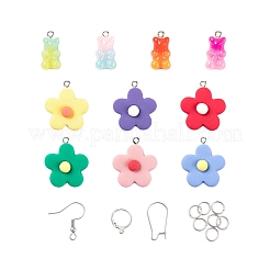 198個のDIYかわいいレジンイヤリングジュエリーキット  クマと花のペンダントを含む  ステンレス鋼のフレンチフックピアス＆フープピアス＆丸カン  ミックスカラー&nbsp;DIY-LS0001-07