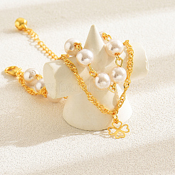 Элегантные двухслойные браслеты с подвеской в виде клевера из латуни и искусственного жемчуга для женщин KI5971