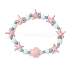 ヒトデとカメの合成ターコイズビーズストレッチブレスレット（女性用）  ピンク  内径：2-1/8インチ（5.4cm）&nbsp;BJEW-JB12129-01