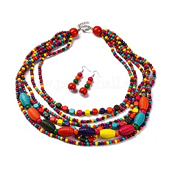 Комплект из многослойных ожерелий из деревянных бусин ручной работы и серег в стиле бохо SJEW-A001-01B