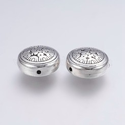 CCBプラスチックビーズ  花付きフラットラウンド  アンティークシルバー  18x10mm  穴：2mm&nbsp;CCB-G006-119AS