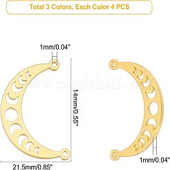 12個3色304ステンレスペンダント  ムーンフェイズチャーム  ミックスカラー  14x21.5x1mm  穴：1mm  4個/カラー&nbsp;STAS-UN0028-66