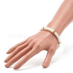女性のためのカーブチューブアクリルビーズストレッチブレスレット  ディスクポリマークレイビーズブレスレット  ゴールドカラー  ホワイト  内径：2-3/8インチ（6cm）&nbsp;BJEW-JB06944-01