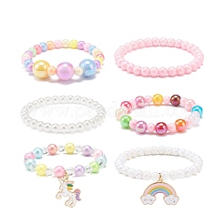 アクリルビーズストレッチブレスレットセット6個。  女の子のための子供のブレスレット  合金エナメルペンダント付き  abs プラスチック模造パール ビーズと弾性クリスタル スレッド  ミックスカラー  内径：1-3/4インチ（4.5cm）&nbsp;BJEW-JB08728
