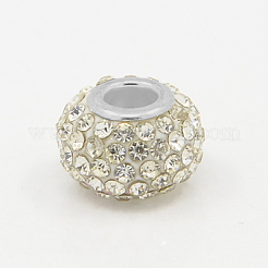 レジンラインストーンヨーロピアンビーズ  大穴ビーズ  ロンデル  白金金属色  クリスタル  15x10mm  穴：5mm&nbsp;MPDL-J018-07P