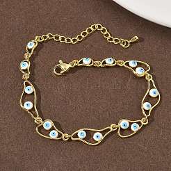 Латунные эмалевые плоские круглые звенья-цепочки с защитой от сглаза для женщин&nbsp;BJEW-G764-01G-03