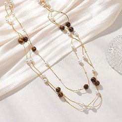 Длинные ожерелья из латунной цепочки «Бостон» с круглым натуральным тигровым глазом и ракушечным жемчугом&nbsp;NJEW-JN05722-02