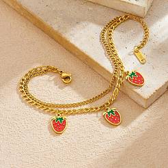 Pulseras de una sola hebra de acero inoxidable 304 con dije de fresa roja esmaltada para mujer&nbsp;WG018B1-01