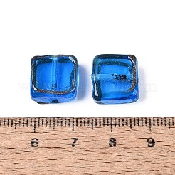 手作りゴールドパウダー入りランプワークビーズ  ゴールドトリムのスクエアビーズ  ドジャーブルー  11.5~13.5x12~13.5x6~7.5mm  穴：0.7~1.4mm&nbsp;LAMP-N041-01D
