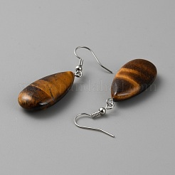 Orecchini pendenti a goccia in occhio di tigre naturale con perni in ferro d'acciaio da donna&nbsp;EJEW-WH0033-14D