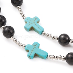 Collier de perles chapelet en turquoise synthétique et bois&nbsp;NJEW-JN04431