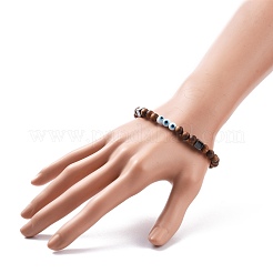 Bracelet extensible en bois naturel et hématite synthétique avec mauvais œil au chalumeau&nbsp;BJEW-JB08094