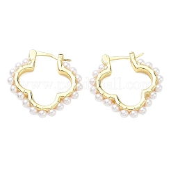 女性のための真鍮のフープピアス  クローバー  ABSの模造パールと  ラックめっき  長持ちメッキ  鉛フリー＆カドミウムフリー  18KGP本金メッキ  26x25x3mm&nbsp;EJEW-A168-15G