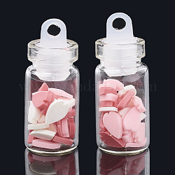 Accesorios de decoración arte de uñas del clavo de la arcilla del polímero hecho a mano, Con botella de vidrio y tapón de plástico ccb., corazón, rosa, 6x3x0.5~1mm, botella: 27.5x11 mm, agujero: 3 mm