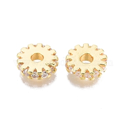 Brass Pave Cubic Zirconia Beads, Nickel Free, Real 18K Gold Plated, Flat Round, Clear, 8x2mm, Hole: 2mm