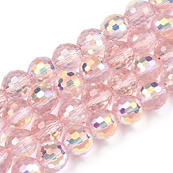 Transparentes perles de verre de galvanoplastie brins, facette, demi couleur ab plaqué, ronde, rose, 8x7~7.5mm, Trou: 1.0mm, environ 71~72 pcs / brin, 20.20~21.85 pouce (51.3~55.5 cm)