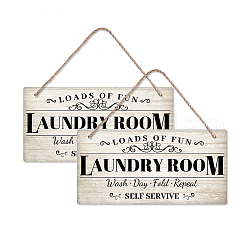 Natural Wood Hanging Wall Decorations, with Jute Twine, Rectangle with Word Laundry Room, White, Word, 15x30x0.5cm