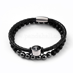 Ensembles de bijoux de bracelet en cuir unisexe et de bracelet extensible, bracelets empilables, avec agate noire naturelle et perles d'hématite non magnétiques, 304 fermoir magnétique en acier inoxydable et perles en émail, avec sac de jute, 2-1/8 pouce (5.5 cm), 7-5/8 pouce (19.5 cm), 2 pièces / kit