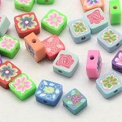Handmade Polymer Clay Square with Flower Beads, Mixed Color, 10x10x4mm, Hole: 2.5mm