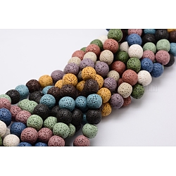 Brins de perles de pierre de lave naturelle, teinte, ronde, couleur mixte, 11~12mm, trou: environ 2.5~3 mm, Environ 34 pcs/chapelet, 15.5 pouce
