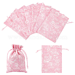 Bolsas de poliéster, bolsa con cordón, rectángulo con estampado de flores, rosa perla, 14x11x0.3 cm