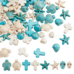Arricraft 90pcs 8 styles de perles turquoises synthétiques teintes, crâne et étoile de mer et tortue de mer et croix, formes mixtes, couleur mixte, 8~16x6~15x3.5~10mm, Trou: 1~1.5mm