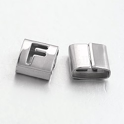 Breloques coulissantes carrées de lettre en 201 acier inoxydable, letter.f, 9x8x4mm, Trou: 8x3mm