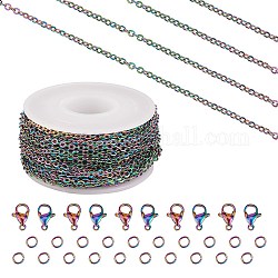 Kit de fabrication de bijoux de chaîne de bricolage, y compris le placage ionique de couleur arc-en-ciel (ip) 304 chaînes de câbles en acier inoxydable de 5 m et 10 fermoirs et 20 anneaux de saut, 1 bobine en plastique, couleur arc en ciel, chaînes de câbles: 3x2.5x0.5mm