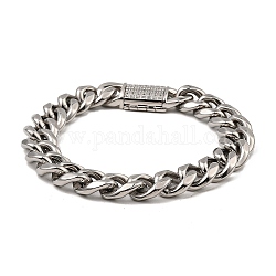 304 bracelet chaîne à maillons cubains en acier inoxydable, Avec fermoirs de zircone cubique, couleur inoxydable, 9-1/4 pouce (23.4 cm)