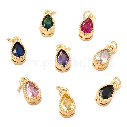 Real 18K Gold Plated Brass Inlaid Cubic Zirconia Charms, with Jump Ring, Long-Lasting Plated, Teardrop, Mixed Color, 9x5x4mm, Jump Ring: 4x0.5mm, 2.5mm Inner Diameter