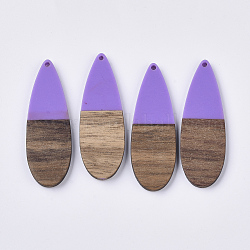 Grandes colgantes de resina y madera de nogal, lágrima, púrpura medio, 57x19x3~4mm, agujero: 2 mm