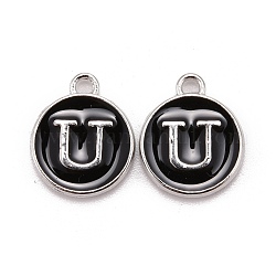 Platinum Plated Alloy Charms, Cadmium Free & Lead Free, with Enamel, Enamelled Sequins, Flat Round with Letter, Letter.U, 14x12x2mm, Hole: 1.5mm