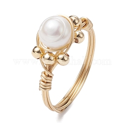 Anelli stile perline intrecciate rotonde di perle naturali, anello da dito avvolto in filo di ottone, oro, misura degli stati uniti 7 3/4 (17.9mm)