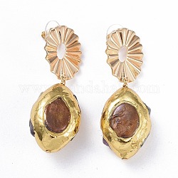 Brass Dangle Stud Earrings, with Natural Dyed Quartz Beads and Ear Nuts, Oval, Golden, 53mm, Pin: 0.8mm