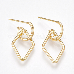Brass Stud Earrings, Half Hoop Earrings, Rhombus, Nickel Free, Real 18K Gold Plated, 22.5x11mm, Pin: 0.8mm, Rhombus: 16.5x11x1mm